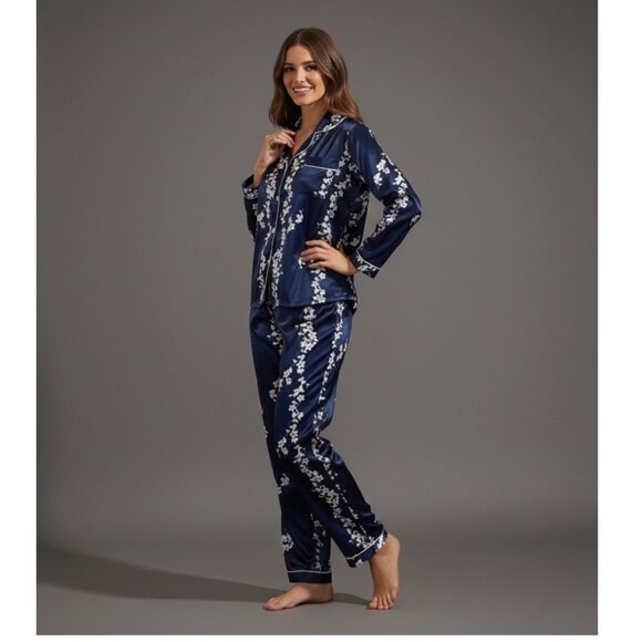 Floral Print Satin Top & Pants PJ Set / Pyjama Set Blue - Picture 1 of 5